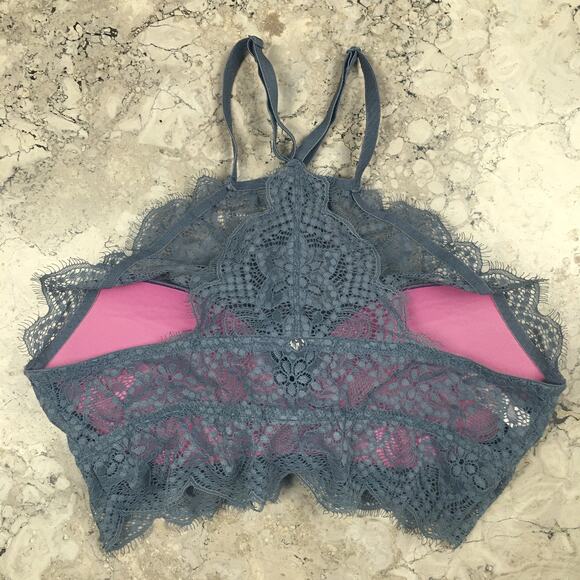 PINK Victoria’s Secret Eyelash Lace High Neck Racerback Push Up Bralette Blue - Picture 6 of 16
